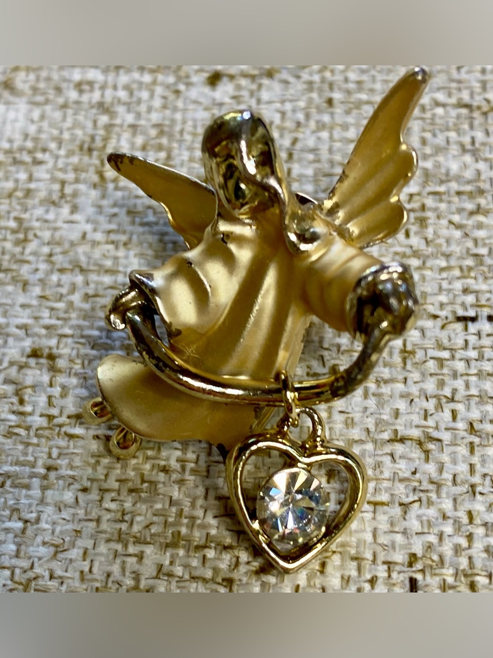 Gold Angel Brooch with Heart Crystal Charm - Women's Jewelry